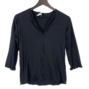 Lamberto Losani (M) Womens Linen Stretch 3/4 Sleeve Knit Top Black V-Neck